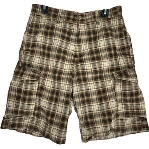 Eddie Bauer Men Cargo Shorts Size 30 Brown Plaid Mid Rise 11" Inseam 100% Cotton